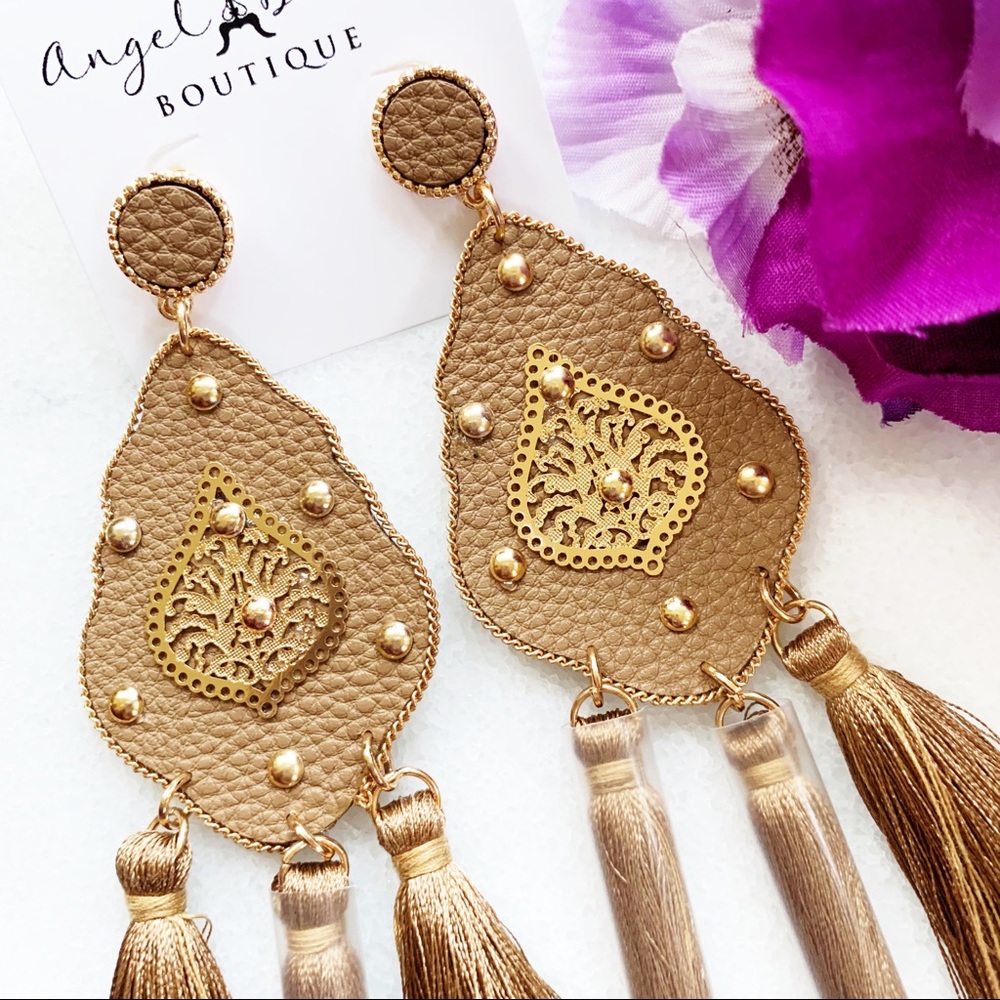 Studded Brown Leather Triple Tassel Earrings - Picture 2 of 7